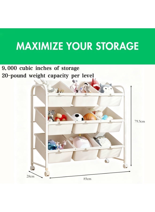 Rawa Three-tier children's toy storage unit with nine removable compartments, serving as both a toddler bookshelf and toy organiser. This contemporary toy rack is ideal for children's bedrooms, playrooms and nurseries. - Image 2